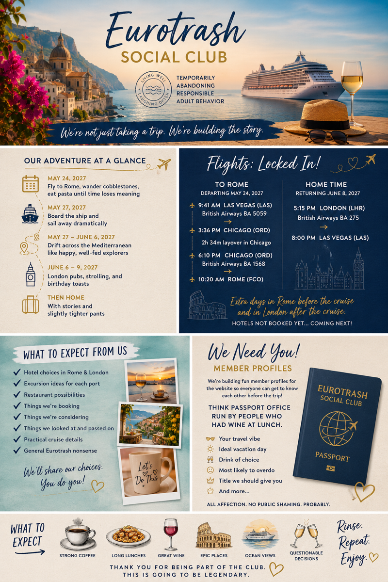 Eurotrash Social Club first-dispatch flyer summarizing the 2027 itinerary, booked flights, planning updates, and member-profile invitation.