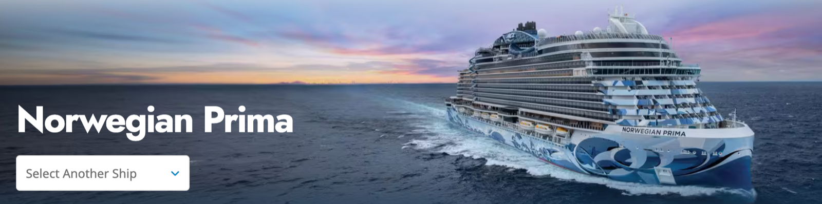 Norwegian Prima sailing at sea under a pink-and-blue sunset sky.