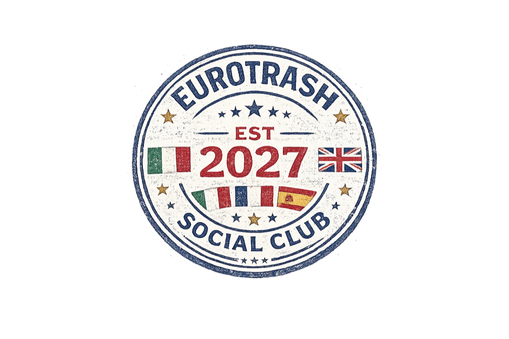 Circular Eurotrash Social Club 2027 travel stamp featuring European flags.