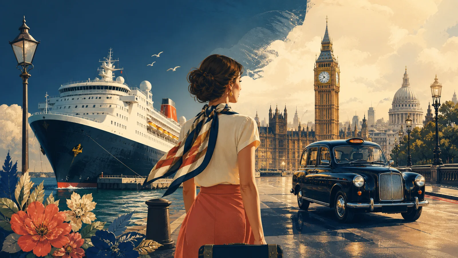 Southampton arrival transitioning into London landmarks and a classic black cab.