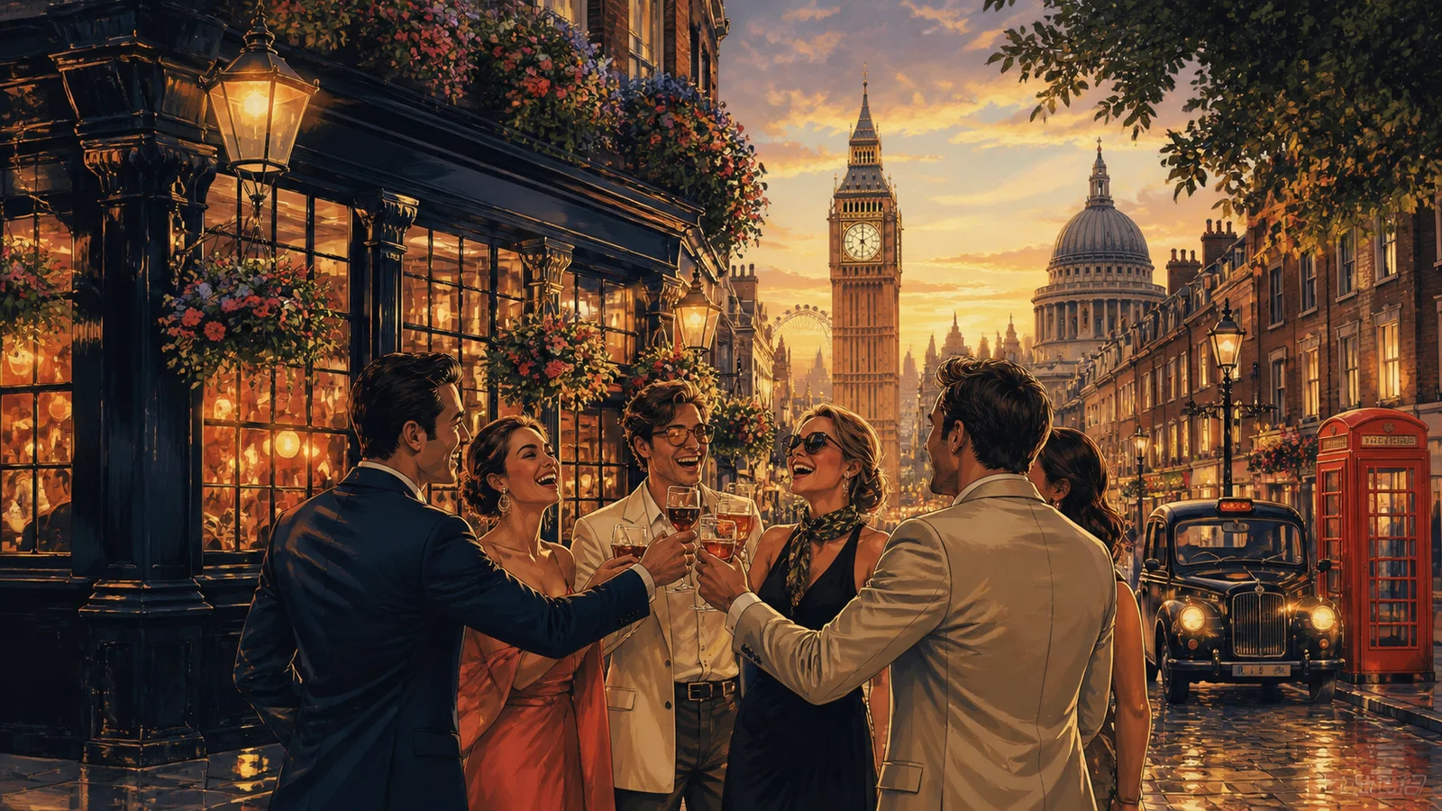 Friends celebrating in a warm London pub near historic streets and landmarks.
