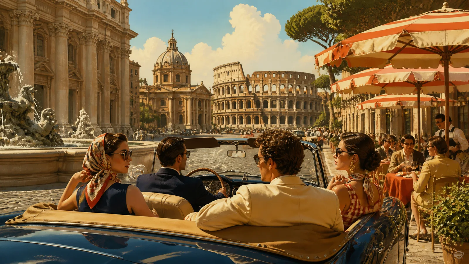 Stylized Roman street scene celebrating ancient architecture, espresso, and a long lunch.