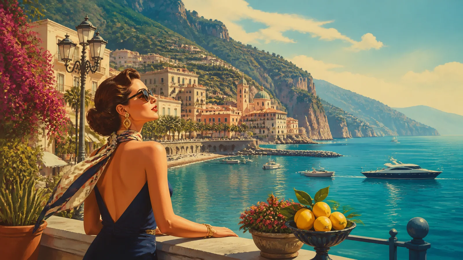 Salerno waterfront and Amalfi Coast cliffs in bright Mediterranean light.