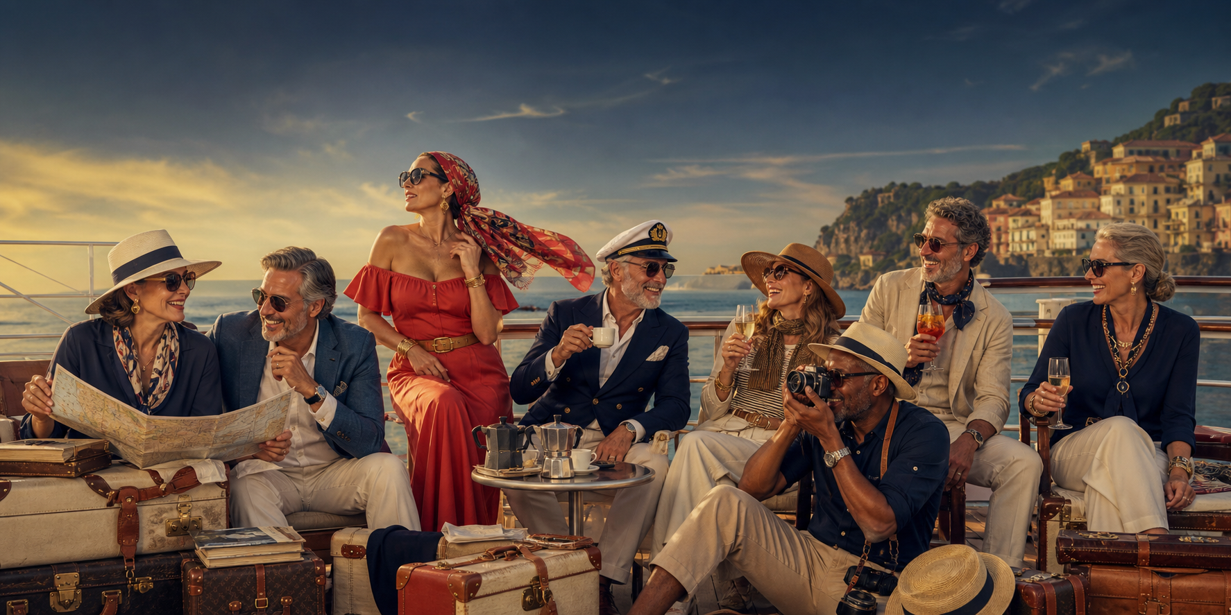 A stylish fictional ensemble of adult travelers sharing maps, cameras, espresso, and aperitivo on a Mediterranean cruise deck.